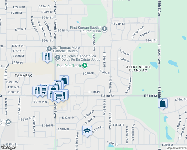 map of restaurants, bars, coffee shops, grocery stores, and more near 13258 East 29th Place in Tulsa