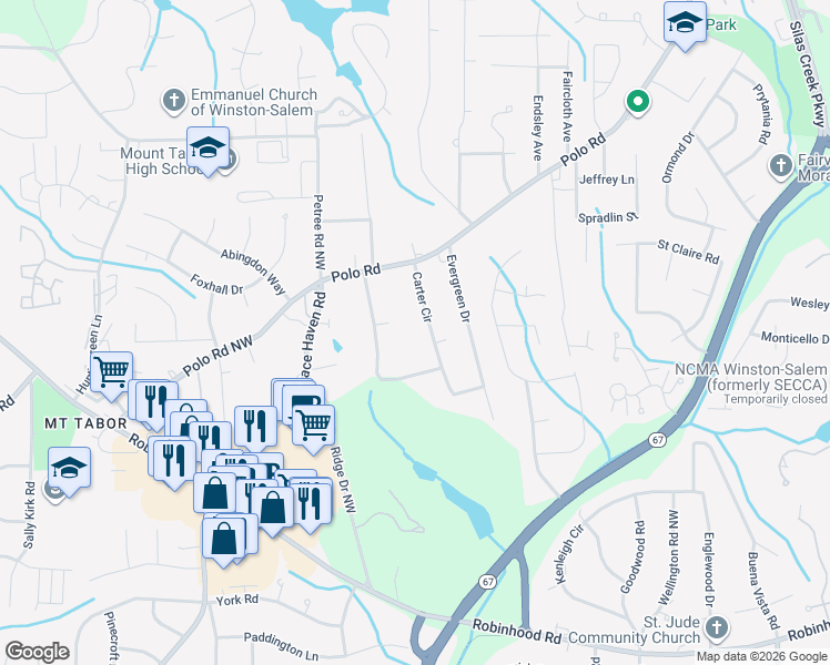 map of restaurants, bars, coffee shops, grocery stores, and more near 71 Carter Circle in Winston-Salem