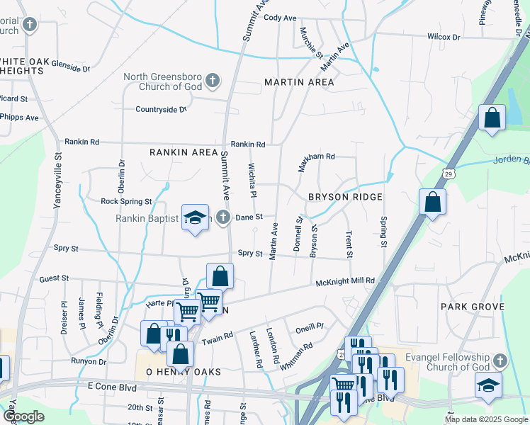map of restaurants, bars, coffee shops, grocery stores, and more near 1653 Dane Street in Greensboro