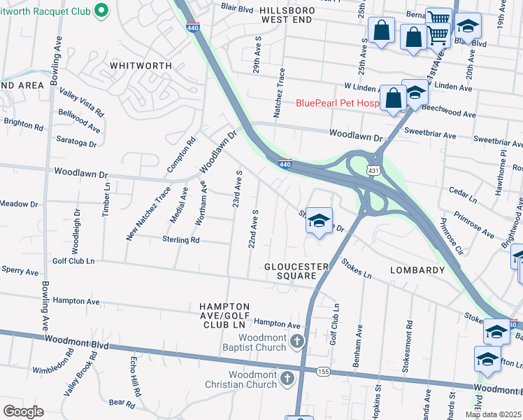 map of restaurants, bars, coffee shops, grocery stores, and more near 2815 22nd Avenue South in Nashville