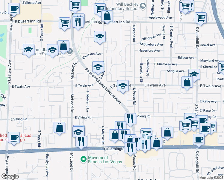 map of restaurants, bars, coffee shops, grocery stores, and more near 3740 Pecos-McLeod Interconnect in Las Vegas