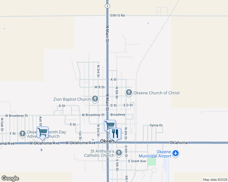 map of restaurants, bars, coffee shops, grocery stores, and more near 600 North 5th Street in Okeene