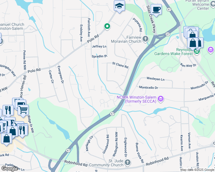 map of restaurants, bars, coffee shops, grocery stores, and more near 2785 Saint George Road in Winston-Salem