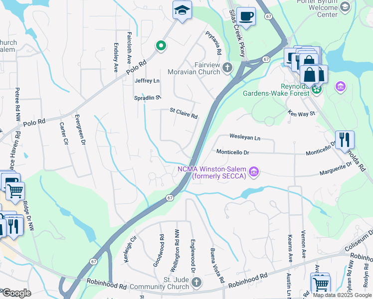 map of restaurants, bars, coffee shops, grocery stores, and more near 2921 Good Hope Road in Winston-Salem