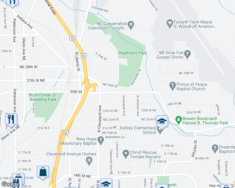 map of restaurants, bars, coffee shops, grocery stores, and more near 1414 Northeast 25th Street in Winston-Salem