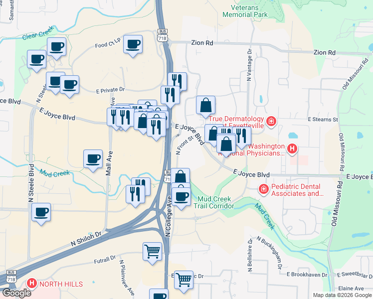 map of restaurants, bars, coffee shops, grocery stores, and more near 3880 N Front St in Fayetteville