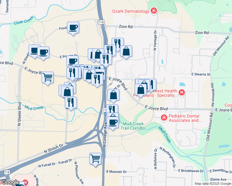 map of restaurants, bars, coffee shops, grocery stores, and more near 3880 North Front Street in Fayetteville