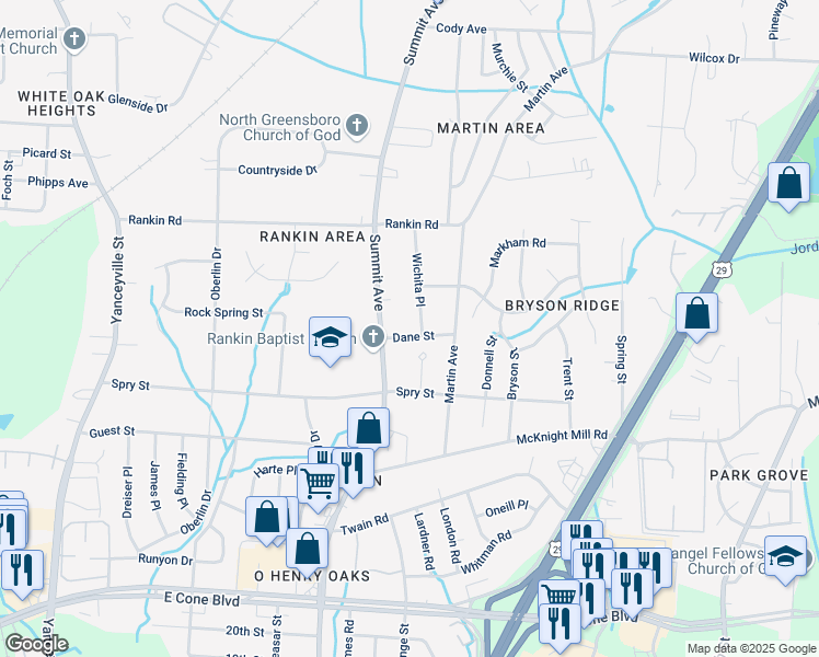 map of restaurants, bars, coffee shops, grocery stores, and more near 3401 Wichita Place in Greensboro