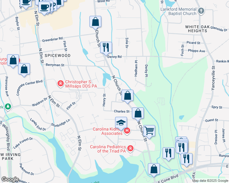 map of restaurants, bars, coffee shops, grocery stores, and more near 3211 Bach Terrace in Greensboro