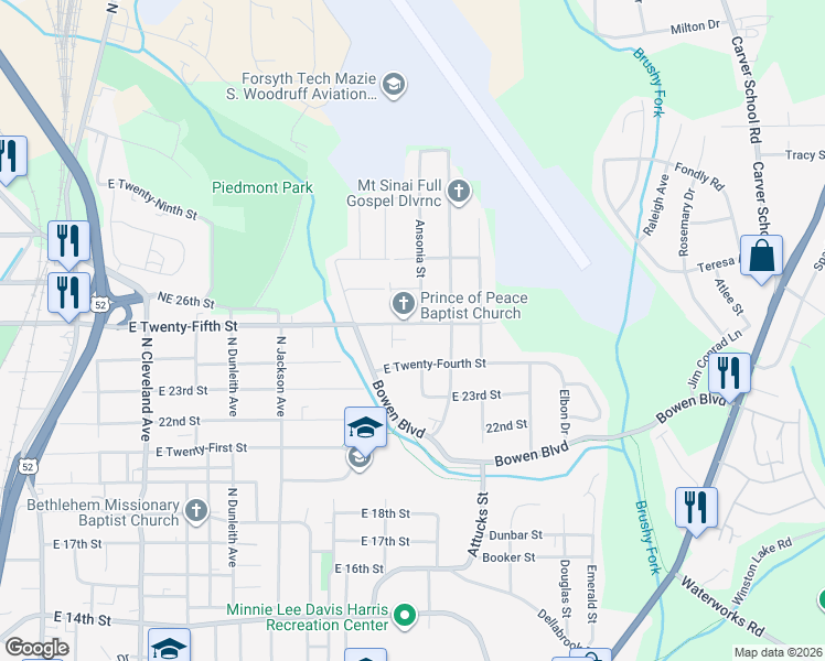 map of restaurants, bars, coffee shops, grocery stores, and more near 1916 Northeast 25th Street in Winston-Salem