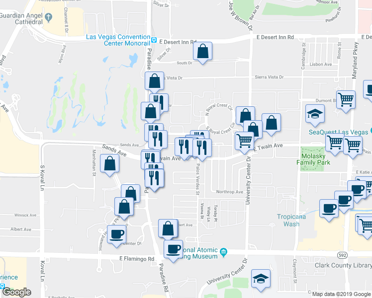 map of restaurants, bars, coffee shops, grocery stores, and more near 537 East Twain Avenue in Las Vegas