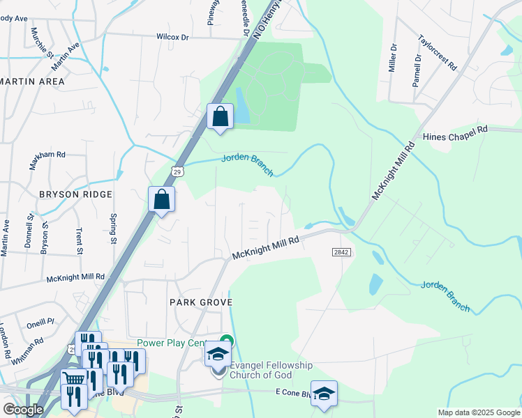 map of restaurants, bars, coffee shops, grocery stores, and more near 101 Windhill Court in Greensboro