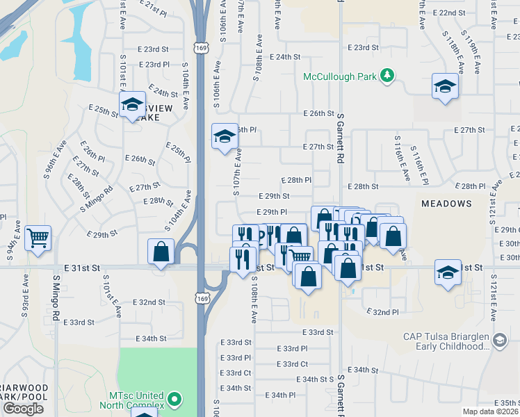 map of restaurants, bars, coffee shops, grocery stores, and more near 10732 East 29th Place in Tulsa