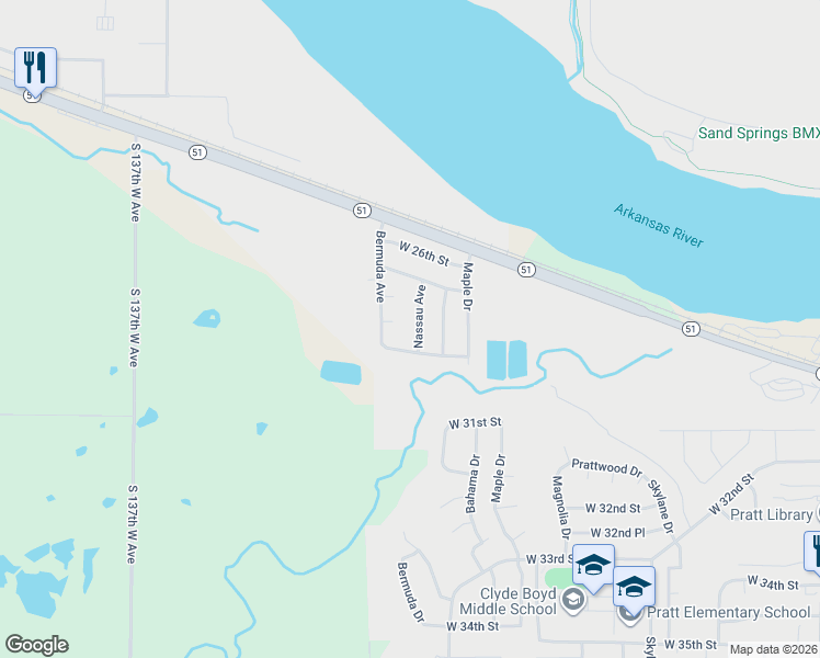 map of restaurants, bars, coffee shops, grocery stores, and more near 2807 Nassau Avenue in Sand Springs