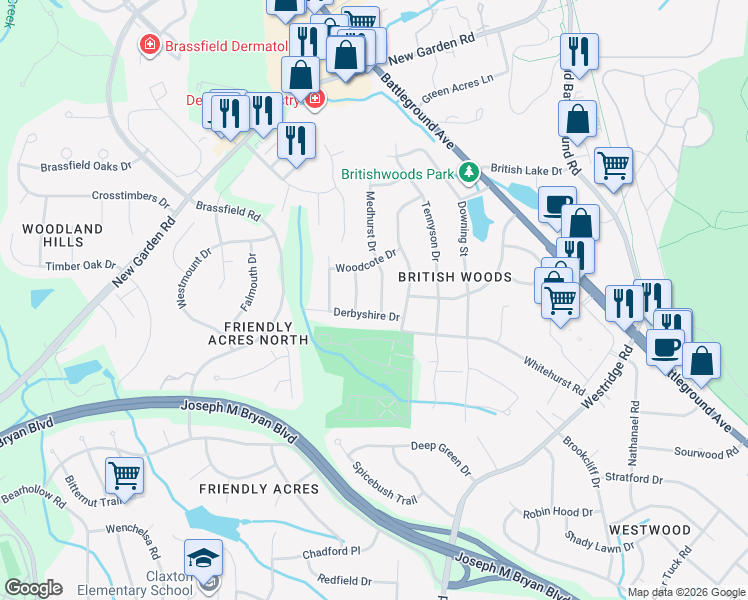 map of restaurants, bars, coffee shops, grocery stores, and more near 1901 Medhurst Drive in Greensboro