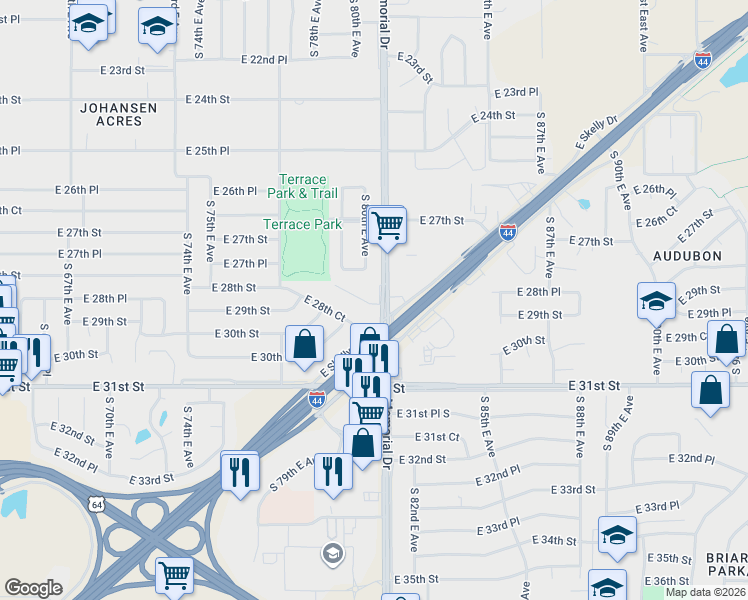 map of restaurants, bars, coffee shops, grocery stores, and more near 7940 East 27th Court in Tulsa