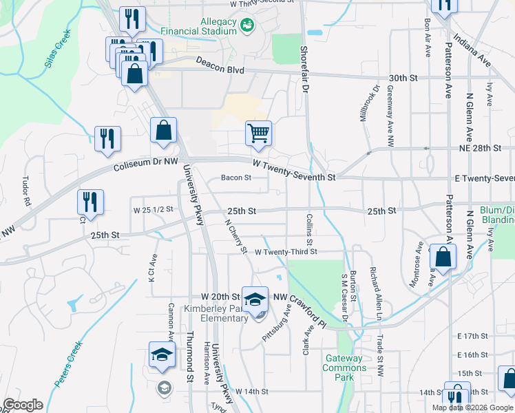 map of restaurants, bars, coffee shops, grocery stores, and more near 444 25th Street in Winston-Salem