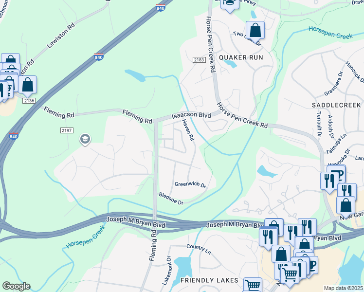 map of restaurants, bars, coffee shops, grocery stores, and more near 1915 Ray Alexander Drive in Greensboro