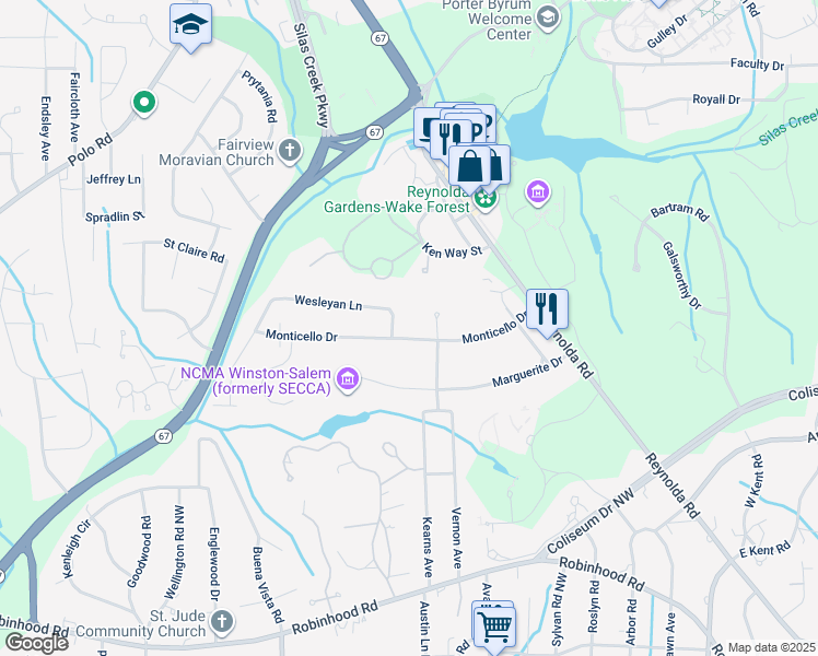 map of restaurants, bars, coffee shops, grocery stores, and more near 2719 Monticello Drive in Winston-Salem