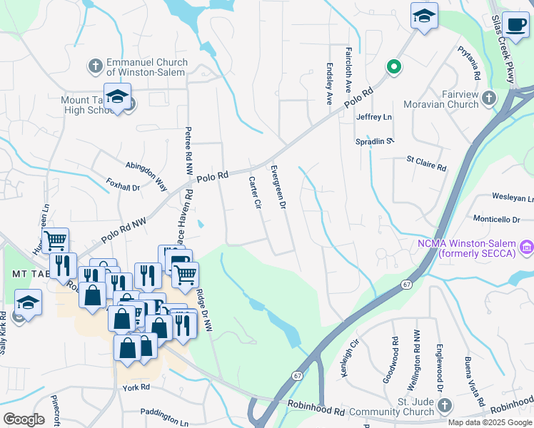 map of restaurants, bars, coffee shops, grocery stores, and more near 76 Carter Circle in Winston-Salem