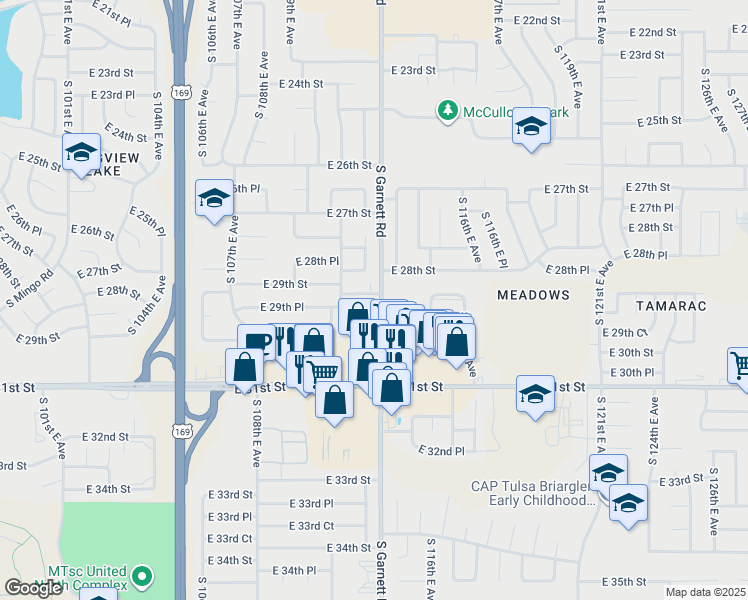 map of restaurants, bars, coffee shops, grocery stores, and more near in Tulsa