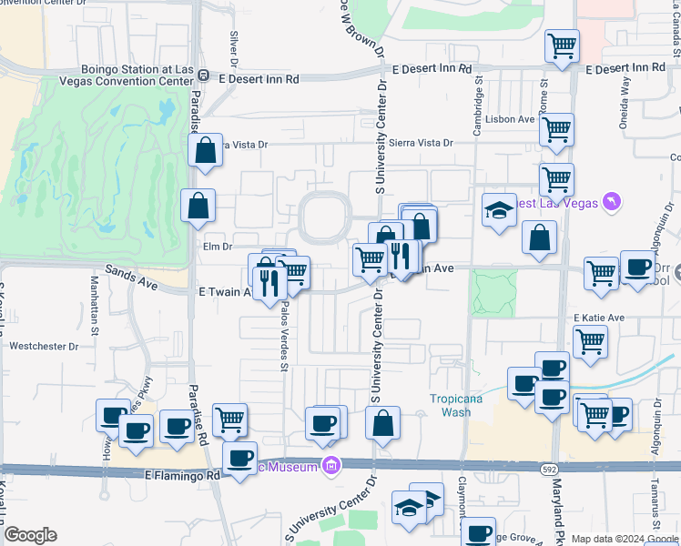 map of restaurants, bars, coffee shops, grocery stores, and more near 3718 Hazelwood Street in Las Vegas