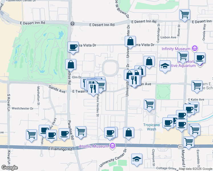 map of restaurants, bars, coffee shops, grocery stores, and more near 3740 Royal Crest Street in Las Vegas