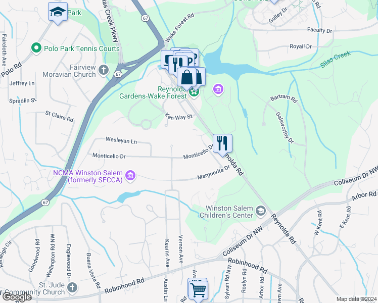 map of restaurants, bars, coffee shops, grocery stores, and more near 2633 Monticello Drive in Winston-Salem