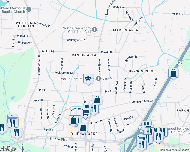 map of restaurants, bars, coffee shops, grocery stores, and more near 3301 Summit Avenue in Greensboro