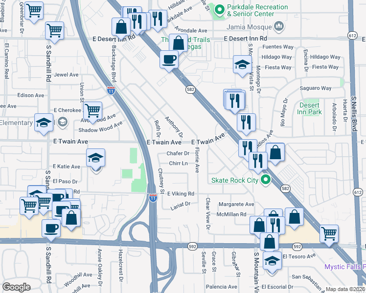 map of restaurants, bars, coffee shops, grocery stores, and more near 4323 East Twain Avenue in Las Vegas