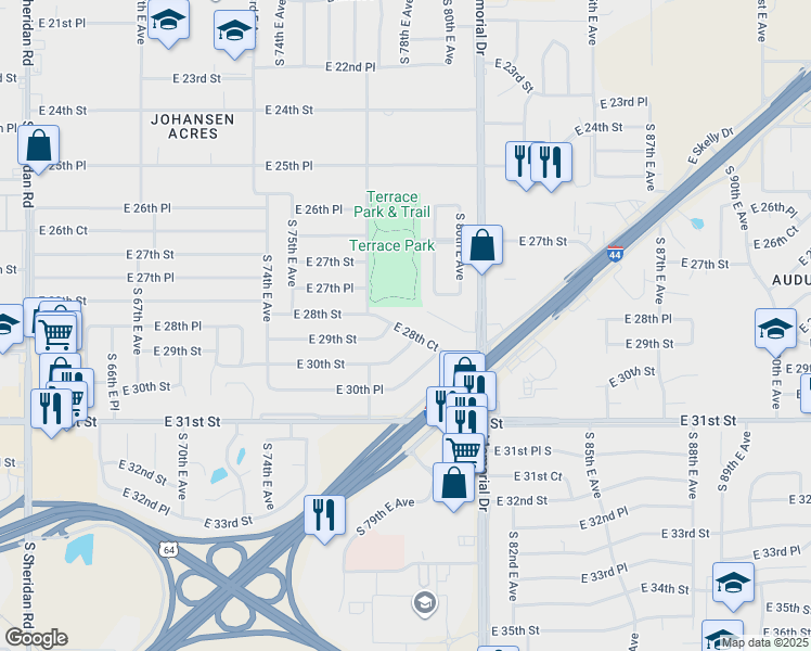 map of restaurants, bars, coffee shops, grocery stores, and more near 7733 East 28th Court in Tulsa