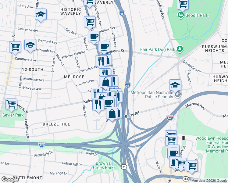 map of restaurants, bars, coffee shops, grocery stores, and more near 2600 8th Avenue South in Nashville