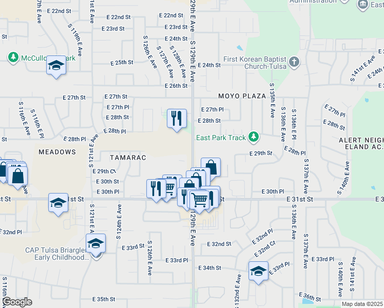 map of restaurants, bars, coffee shops, grocery stores, and more near in Tulsa