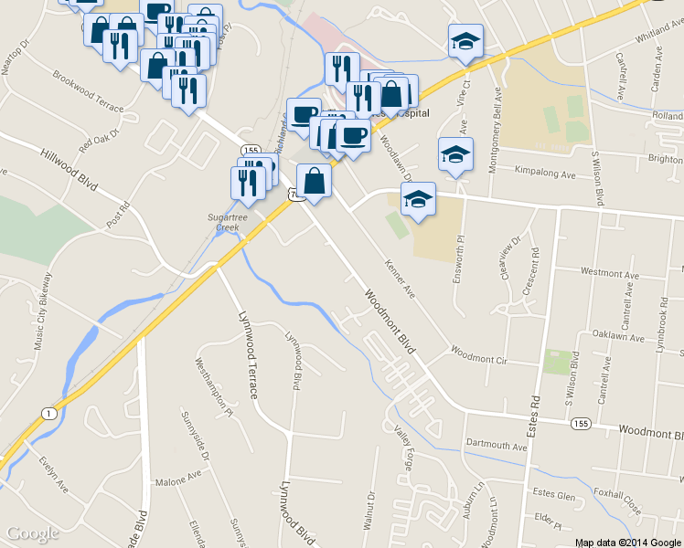 map of restaurants, bars, coffee shops, grocery stores, and more near 127 Woodmont Blvd in Nashville