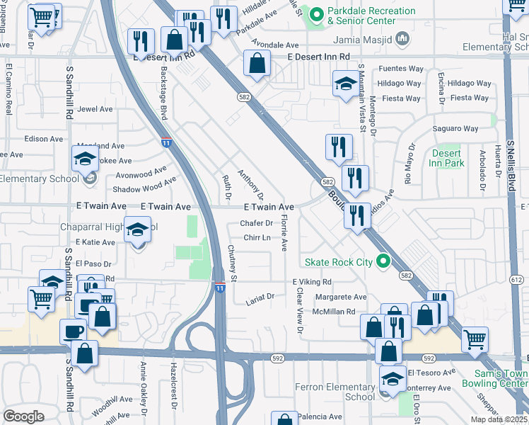 map of restaurants, bars, coffee shops, grocery stores, and more near 4323 East Twain Avenue in Las Vegas
