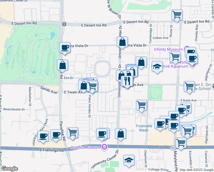 map of restaurants, bars, coffee shops, grocery stores, and more near 728 East Twain Avenue in Las Vegas