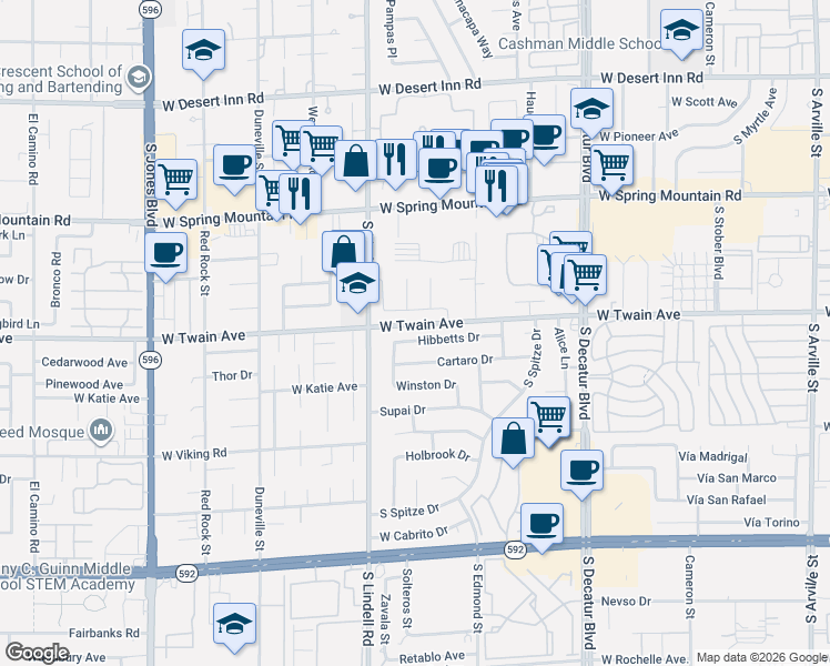 map of restaurants, bars, coffee shops, grocery stores, and more near 5425 Hibbetts Drive in Las Vegas