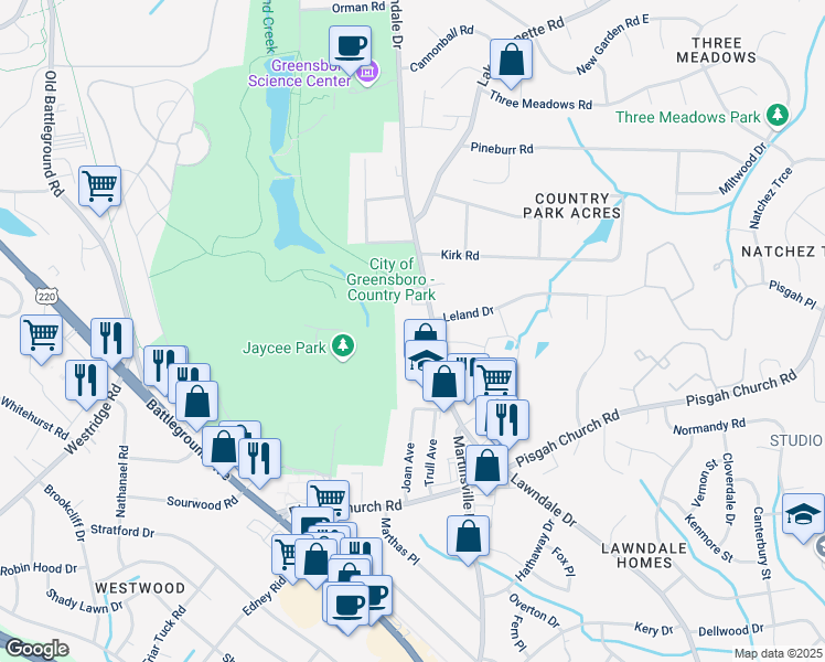 map of restaurants, bars, coffee shops, grocery stores, and more near 3819 Lawndale Drive in Greensboro