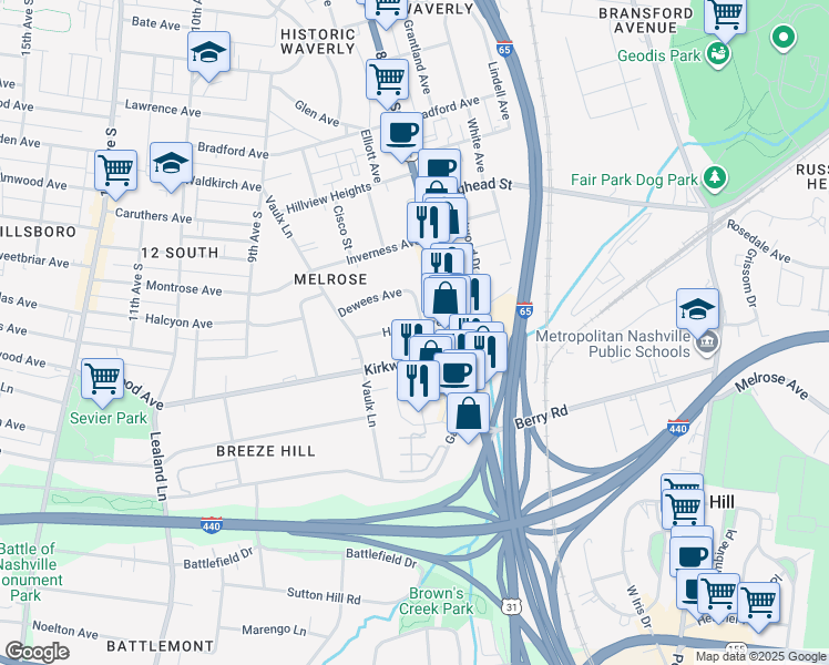 map of restaurants, bars, coffee shops, grocery stores, and more near 818 Kirkwood Avenue in Nashville