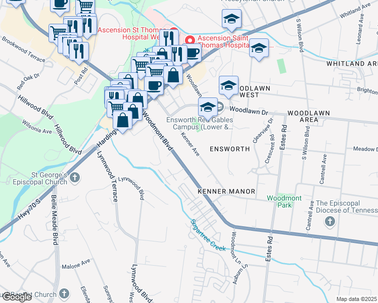 map of restaurants, bars, coffee shops, grocery stores, and more near 140 Woodmont Boulevard in Nashville