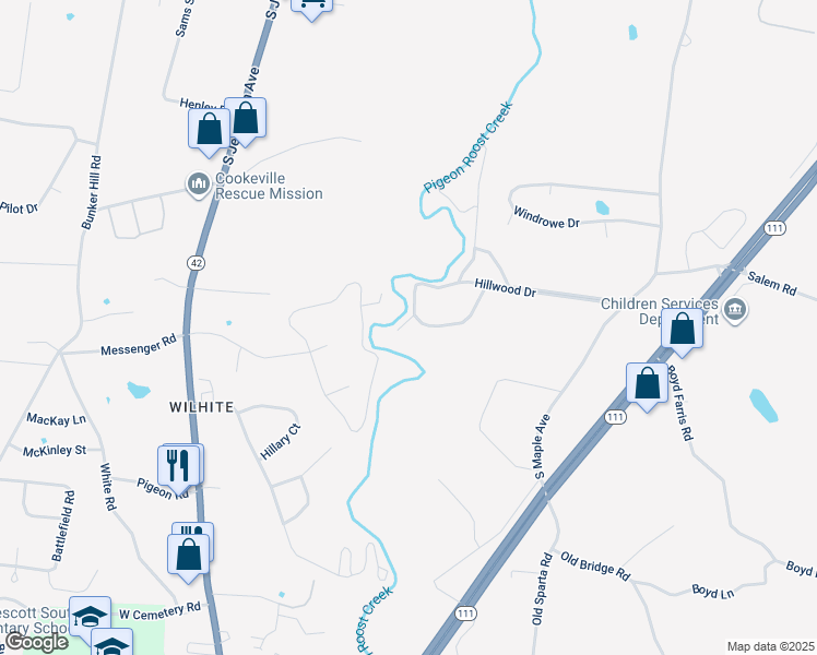 map of restaurants, bars, coffee shops, grocery stores, and more near 1400 Robert Lane in Cookeville