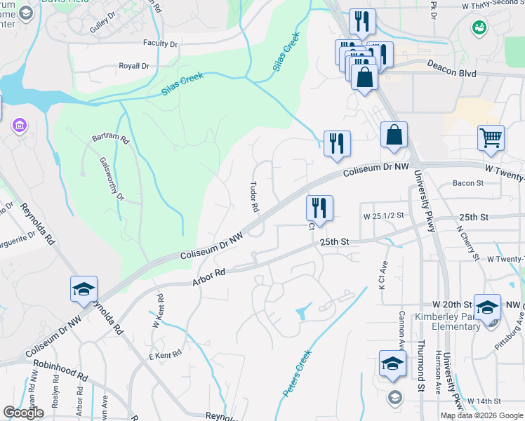 map of restaurants, bars, coffee shops, grocery stores, and more near 2635 Grosvenor Place in Winston-Salem