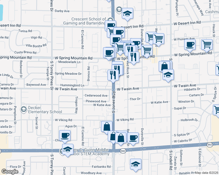 map of restaurants, bars, coffee shops, grocery stores, and more near 6121 Meadow Haven Lane in Las Vegas