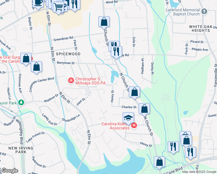 map of restaurants, bars, coffee shops, grocery stores, and more near 3122 Henry Street in Greensboro