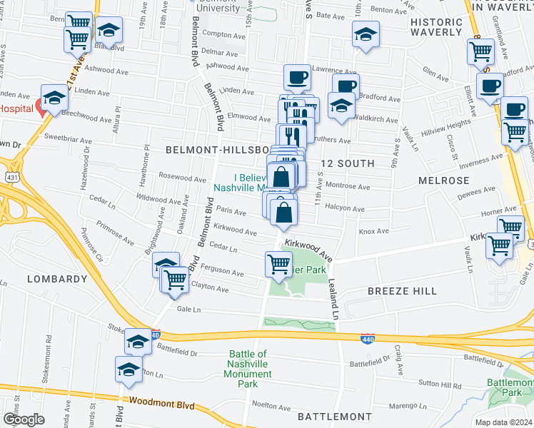 map of restaurants, bars, coffee shops, grocery stores, and more near 1208 Paris Avenue in Nashville