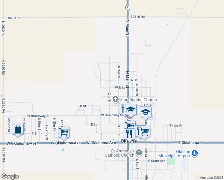 map of restaurants, bars, coffee shops, grocery stores, and more near 602 North 3rd Street in Okeene