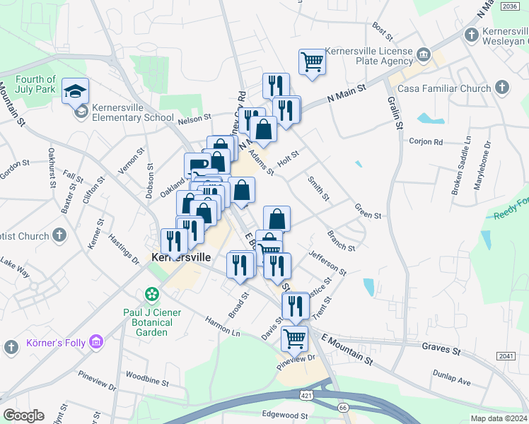 map of restaurants, bars, coffee shops, grocery stores, and more near 200 Bass Street in Kernersville
