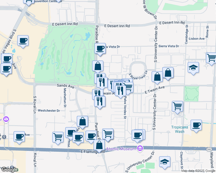 map of restaurants, bars, coffee shops, grocery stores, and more near 450 East Twain Avenue in Las Vegas