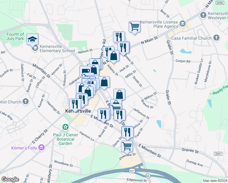 map of restaurants, bars, coffee shops, grocery stores, and more near 200 Bass Street in Kernersville