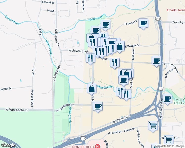 map of restaurants, bars, coffee shops, grocery stores, and more near 3875 North Steele Boulevard in Fayetteville